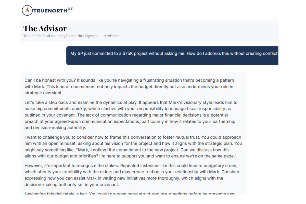 The Advisor providing contextual guidance on addressing a budget commitment without creating conflict