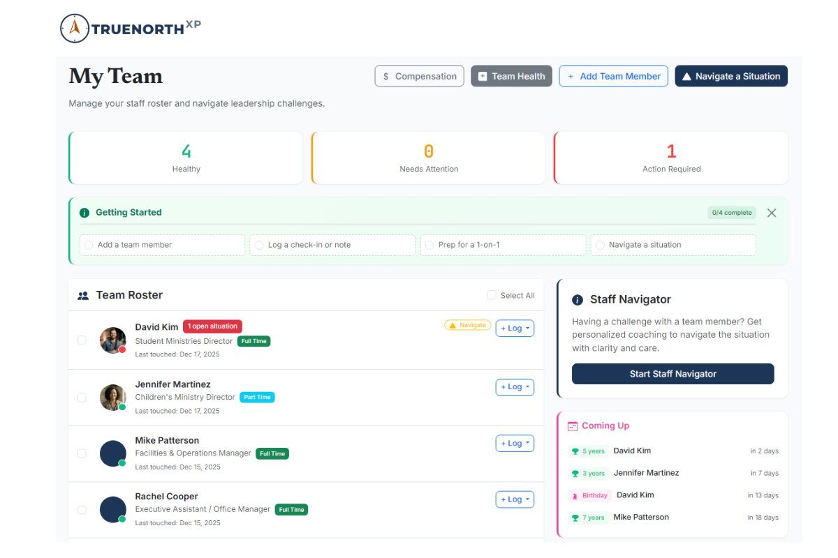 My Team dashboard showing team roster with health indicators, upcoming milestones, and Staff Navigator for handling leadership challenges