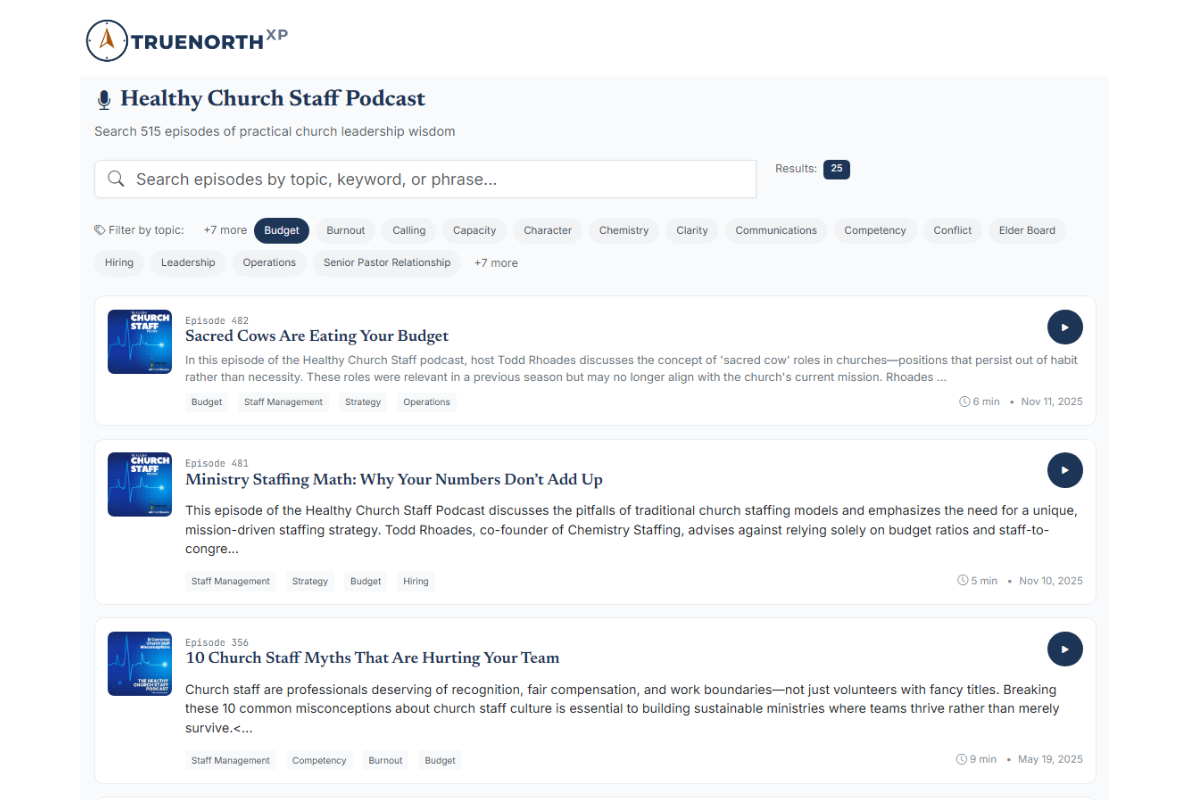Healthy Church Staff Podcast library with 515 searchable episodes, topic filters, and episode previews