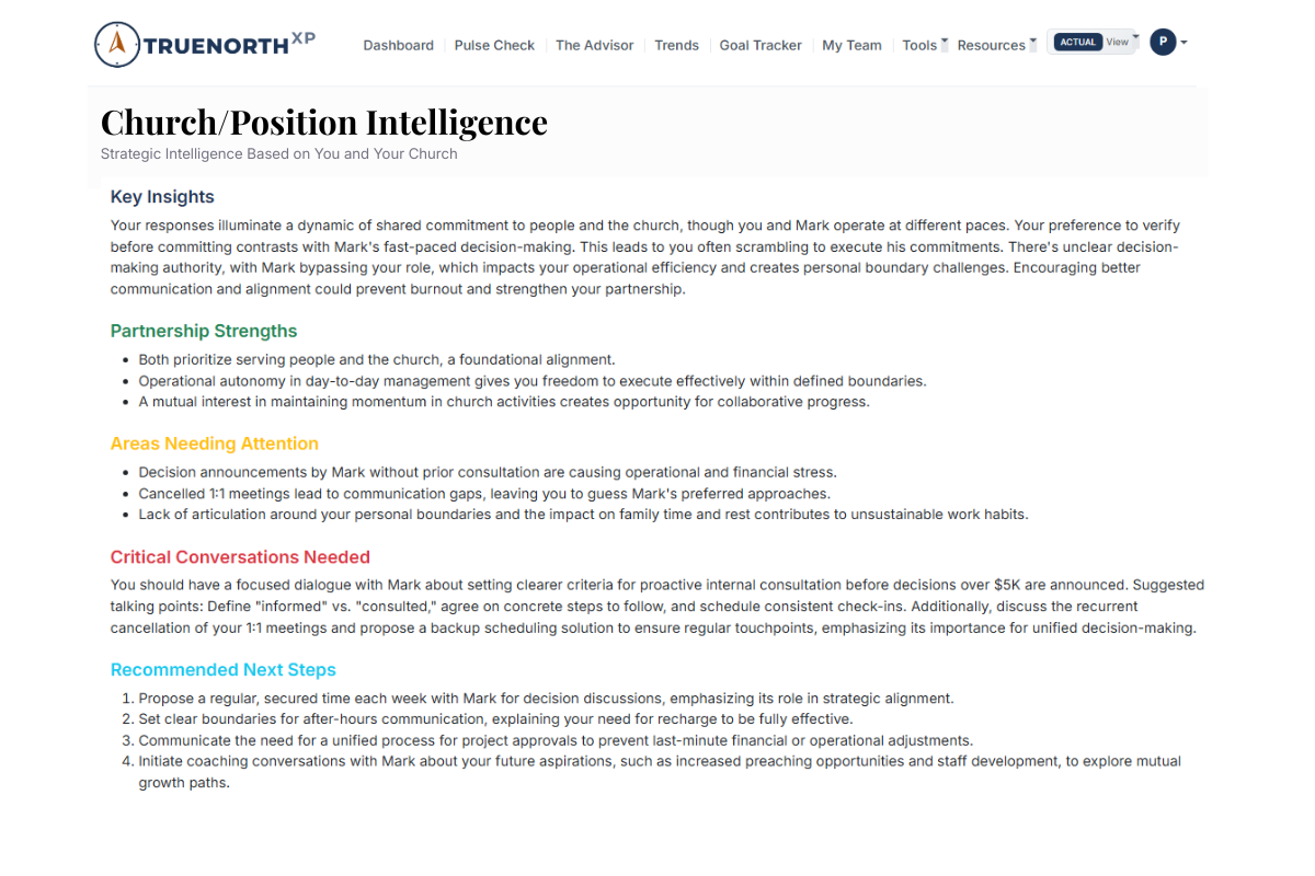Role Clarity Summary Report showing personalized insights, partnership strengths, areas needing attention, and recommended next steps