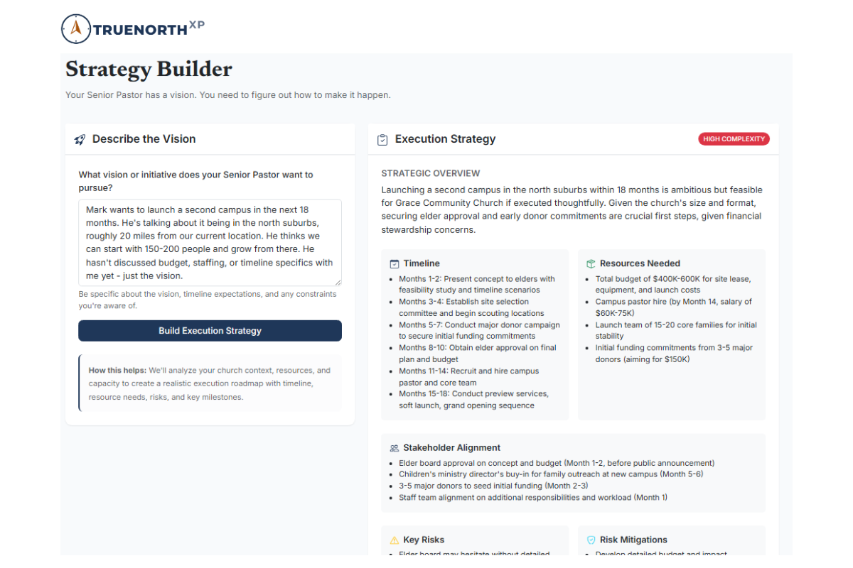 Strategy Builder showing execution strategy with timeline, resources needed, and stakeholder alignment for a second campus launch